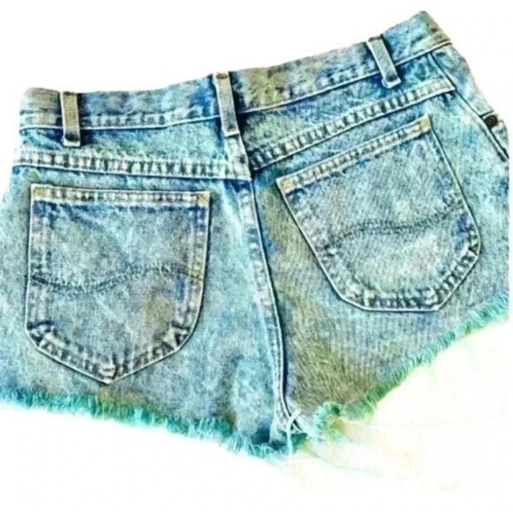 Vintage Vintage Turquoise Tinted High Waisted "Mom" Distress Cutoff Jean Shorts